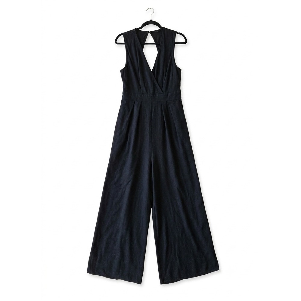 Black Linen Sleeveless Wide Leg Jumpsuit Keyhole Back Classic Coastal Old Money